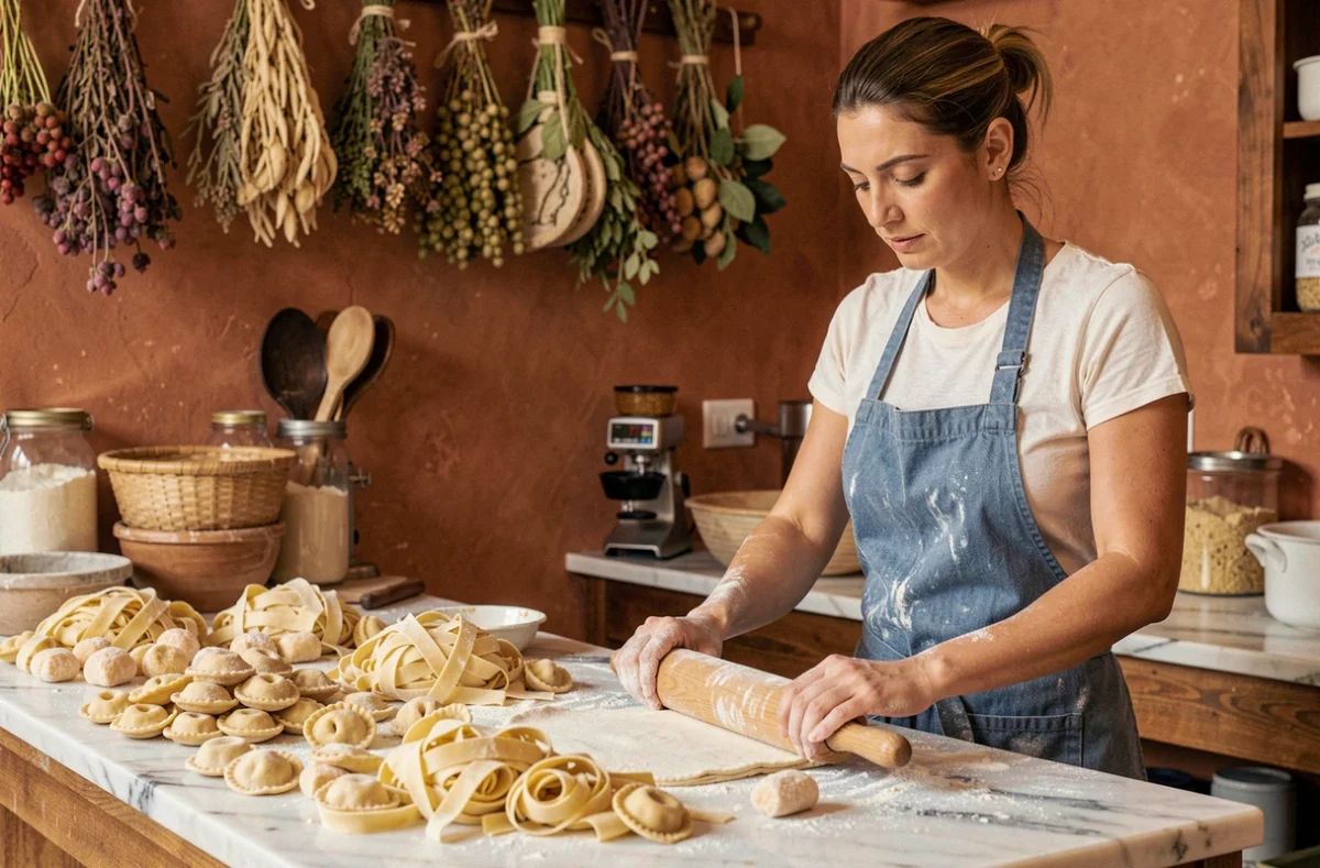 Artisane confectionnant des pâtes fraîches maison dans la boutique Pasta Nostra