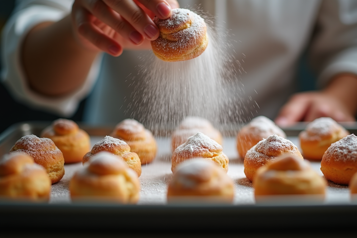Pâtissier saupoudrant sucre sur choux au craquelin