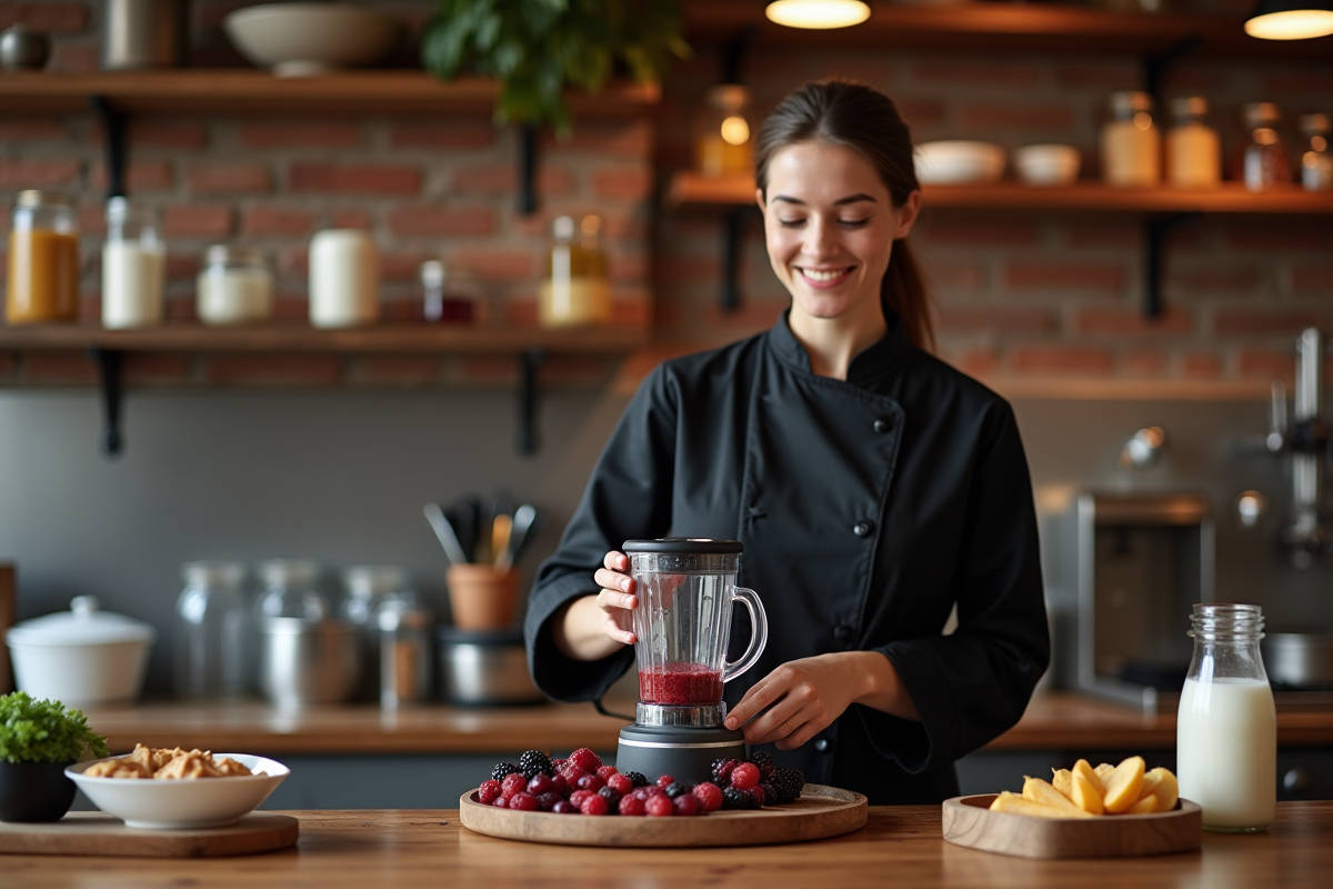 Jeune pâtissière préparant une purée de fruits avec un blender