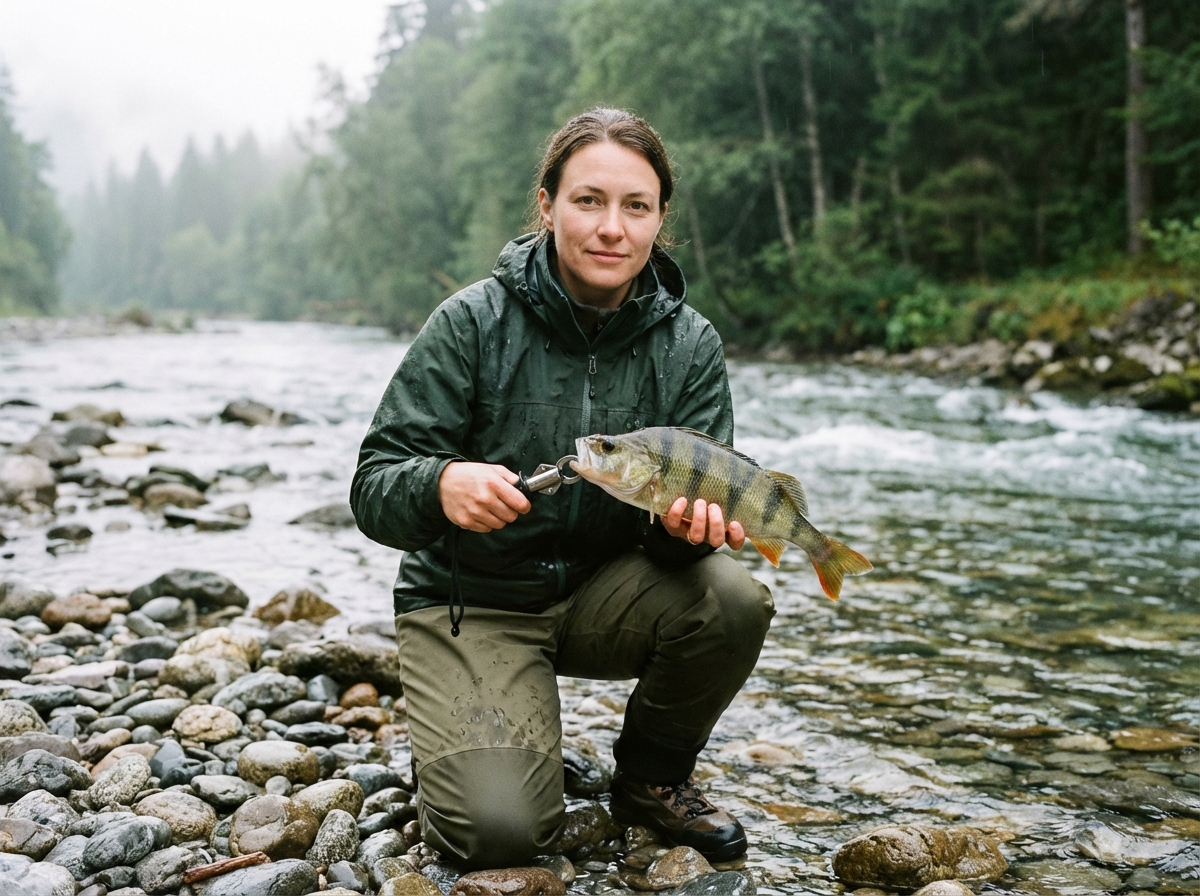 Jeune femme pêchant un perche au bord de la rivière