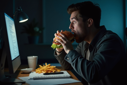 Personne mangeant un burger et des frites tard le soir au bureau