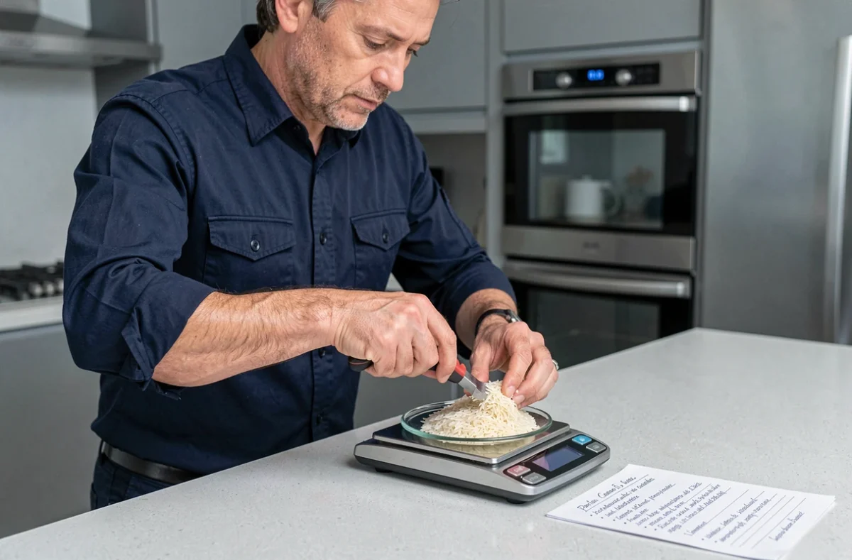 Homme pesant une portion de riz basmati sur une balance de cuisine numérique