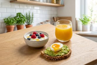 Petit déjeuner gourmand et équilibré vu de dessus avec yaourt aux fruits rouges, toast à l'avocat et jus d'orange frais sur une table en bois clair