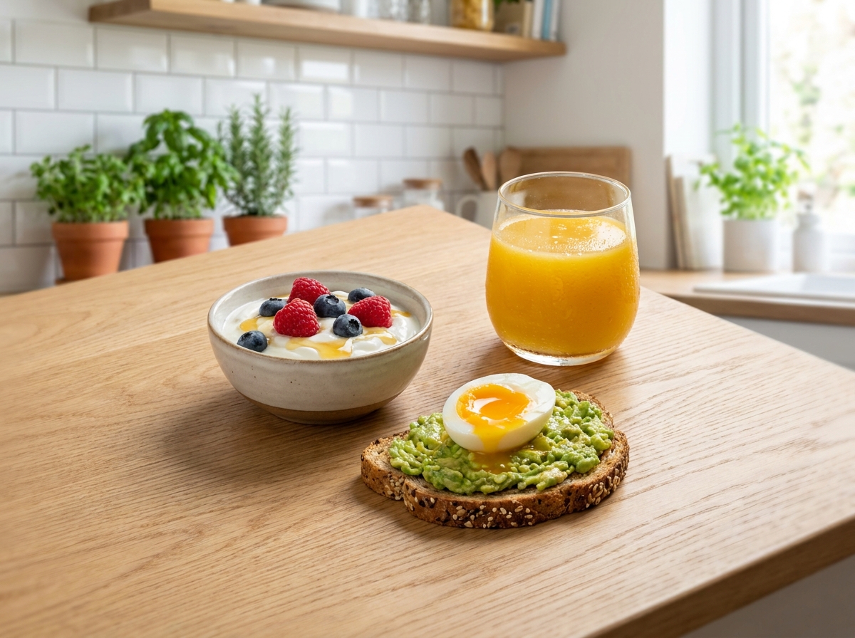 Petit déjeuner gourmand et équilibré vu de dessus avec yaourt aux fruits rouges, toast à l'avocat et jus d'orange frais sur une table en bois clair