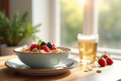 Petit déjeuner sain avec bol d'avoine et fruits