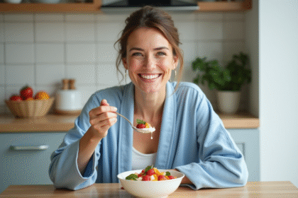 Femme souriante en robe bleue dégustant un petit déjeuner sain