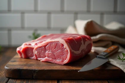 Pièce de picanha de veau crue avec chapeau de gras sur billot de boucher en bois, vue de dessus