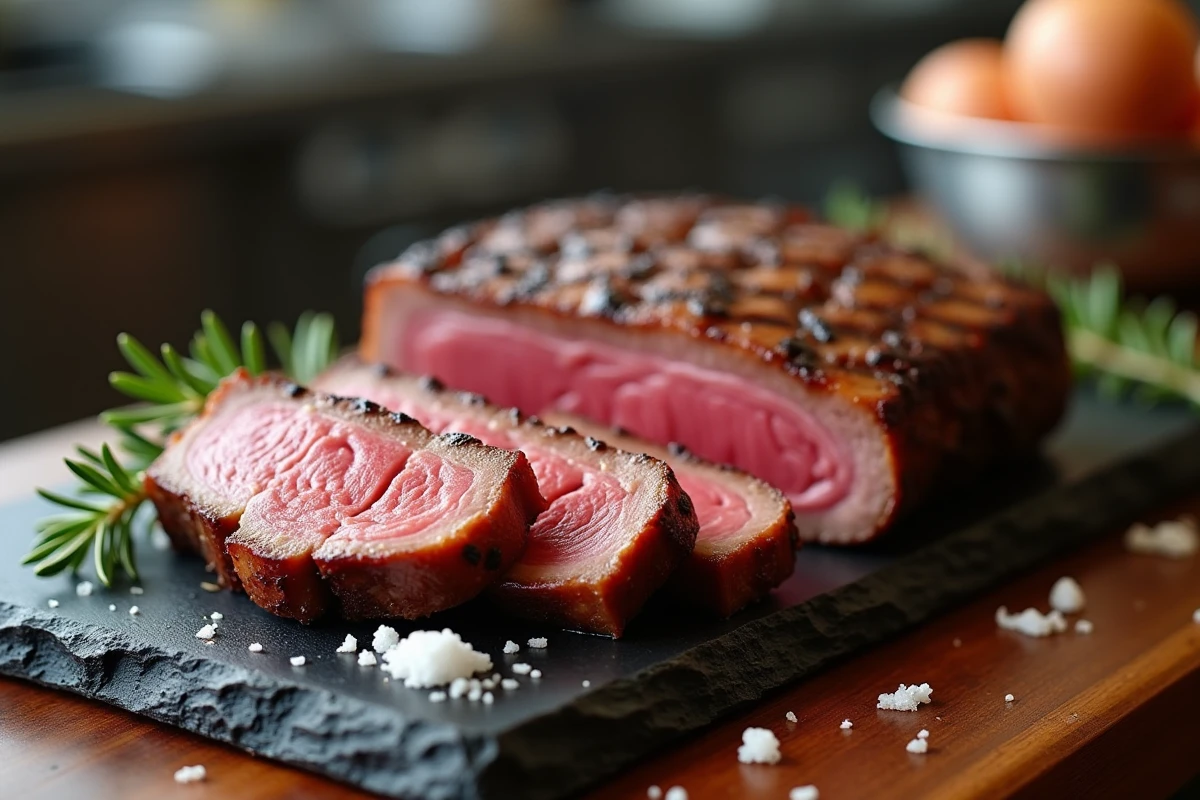 Picanha de veau grillée tranchée saignante sur ardoise avec fleur de sel et romarin frais