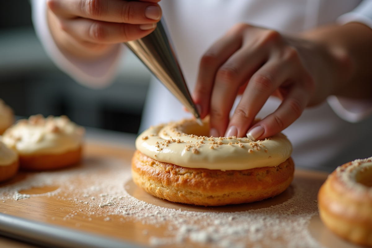 Chef pipe creme hazelnut dans un ParisBrest