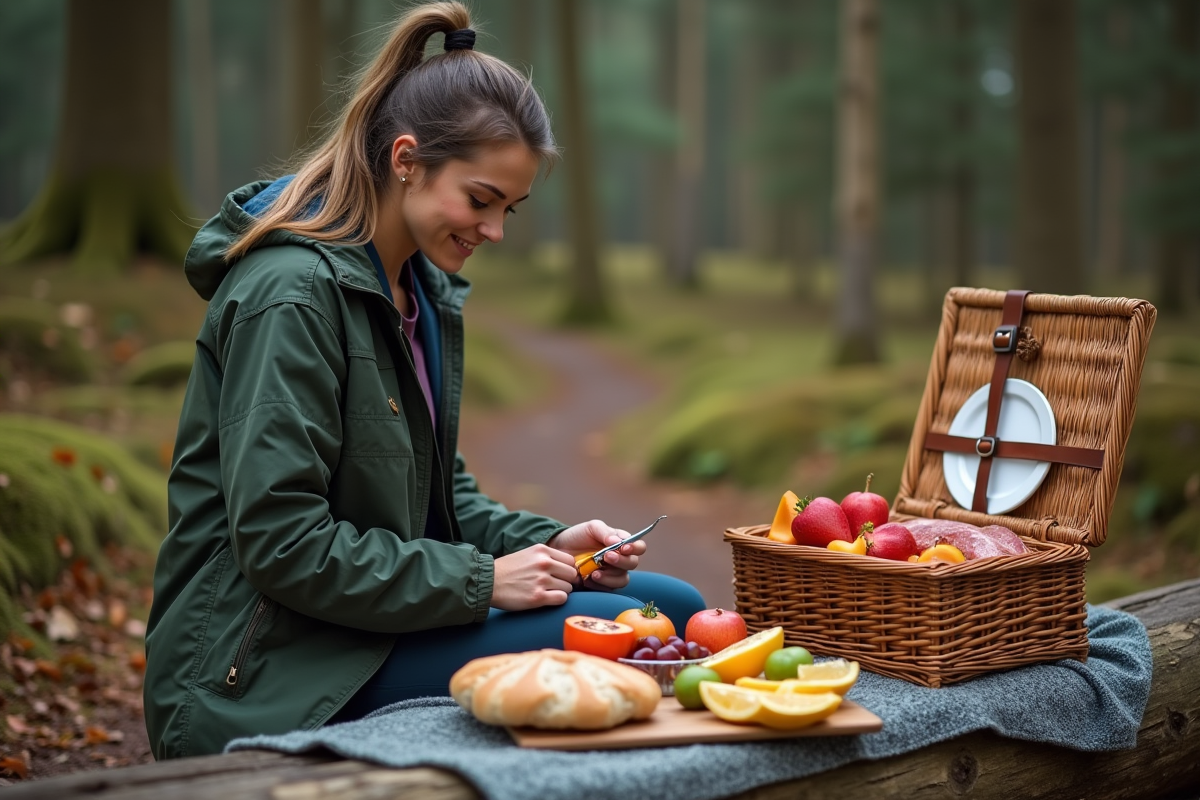 Jeune femme préparant un pique-nique en forêt avec panier et nourriture