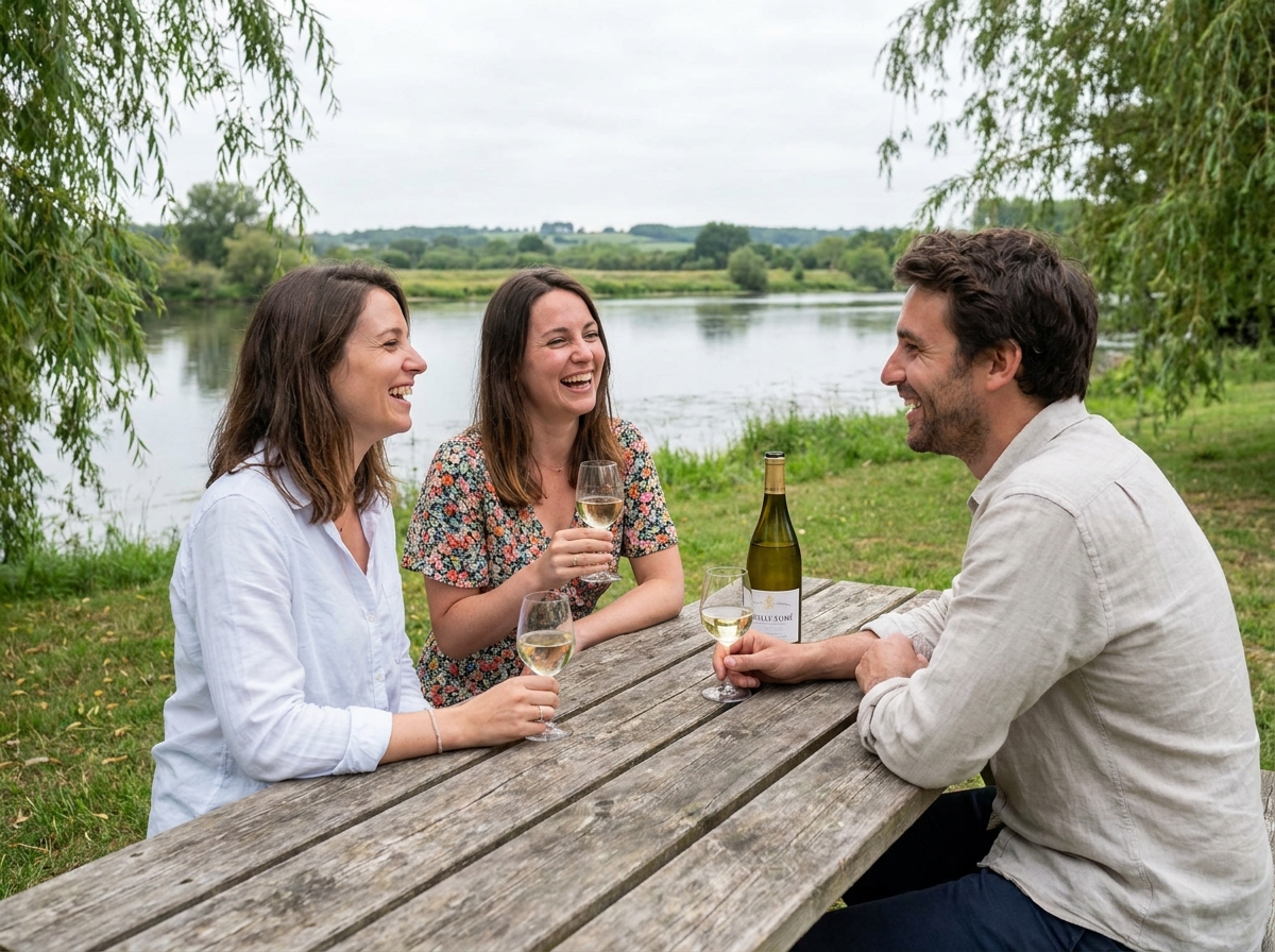 Amis partageant un Pouilly-Fumé frais au bord de la Loire lors d'un pique-nique estival décontracté