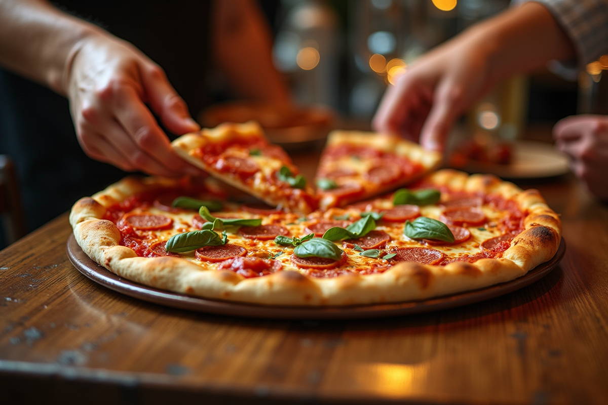 Pizza chorizo fraîche servie lors d'un dîner convivial