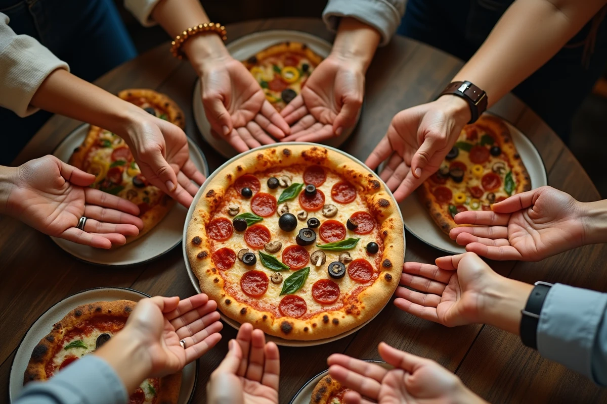Mains et pizzas sur une table rustique pour une soirée football