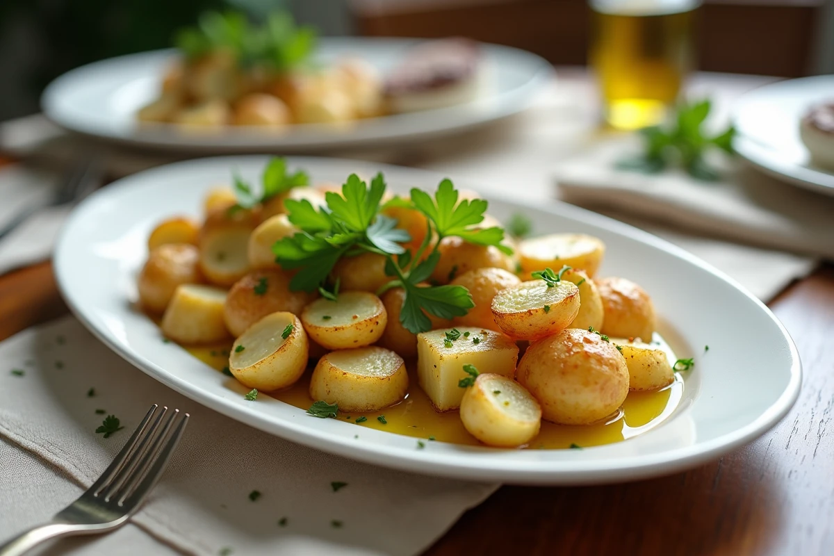 Plat de service avec pommes de terre écrasées à l'huile d'olive extra-vierge et persil frais sur table dressée pour le dîner