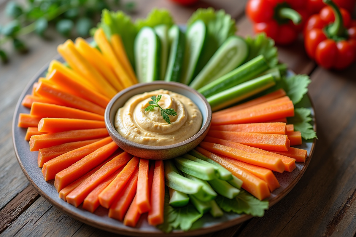 Assiette colorée de légumes crus avec hummus en décoration