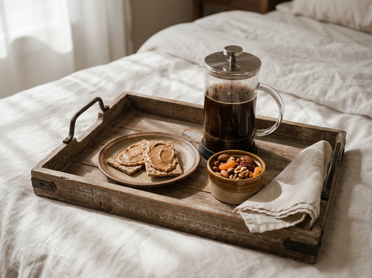 Plateau petit déjeuner sain et réconfortant posé sur un lit avec café à la presse française, crackers au beurre d'amande et fruits secs