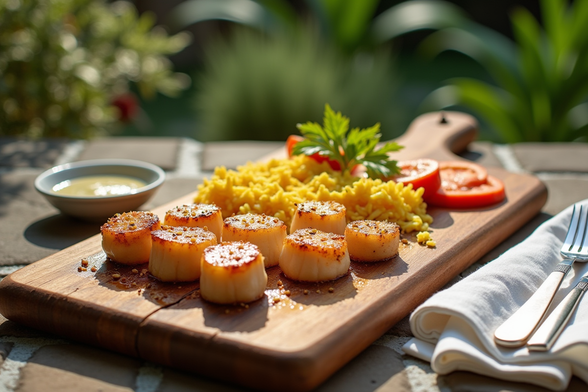 Gros plan sur un plateau rustique avec coquilles Saint-Jacques et accompagnements gourmets