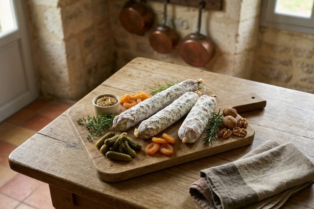 Plateau de charcuterie rustique avec saucissons artisanaux, cornichons et moutarde sur une table en bois de chêne