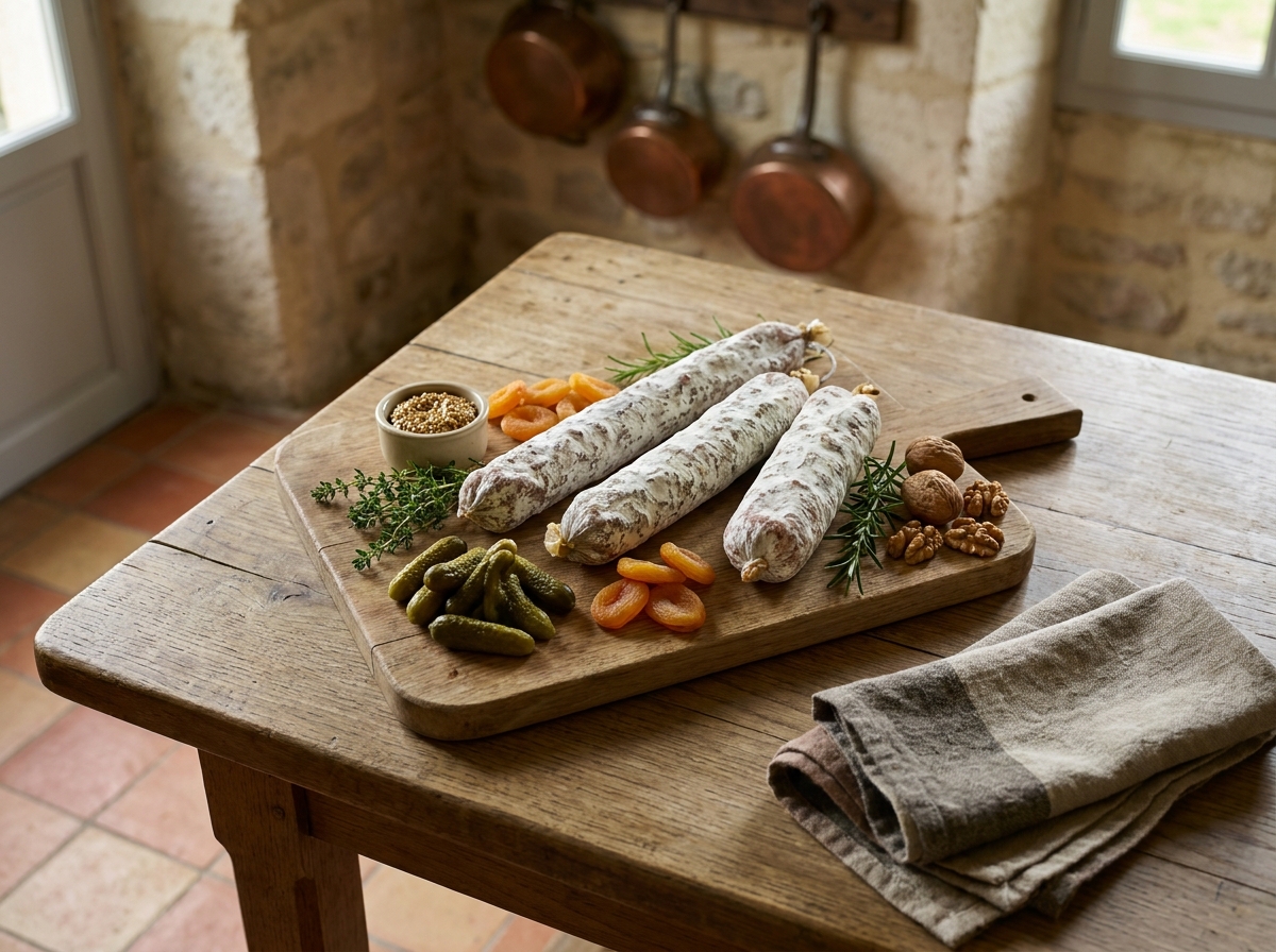 Plateau de charcuterie rustique avec saucissons artisanaux, cornichons et moutarde sur une table en bois de chêne