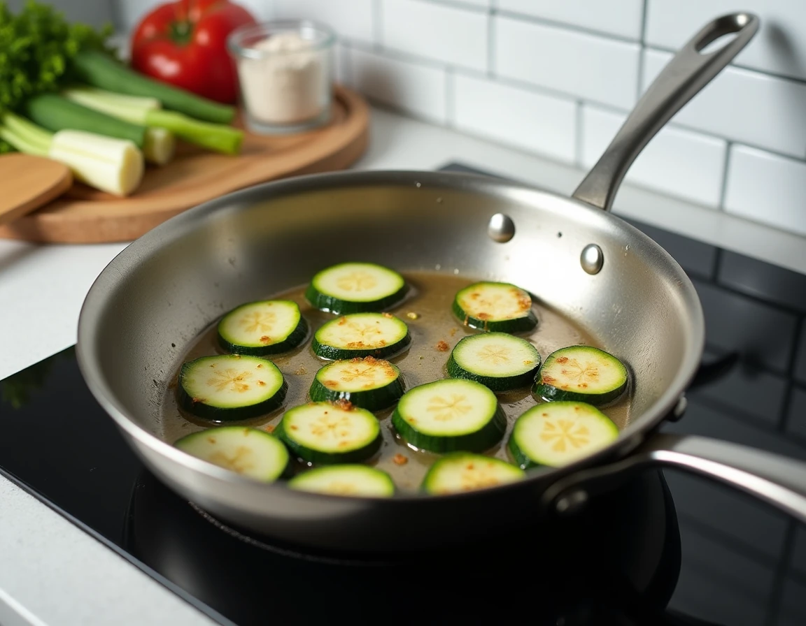 Poêlée de courgettes dorées dans une poêle en inox sur une plaque de cuisson moderne avec vapeur s'échappant