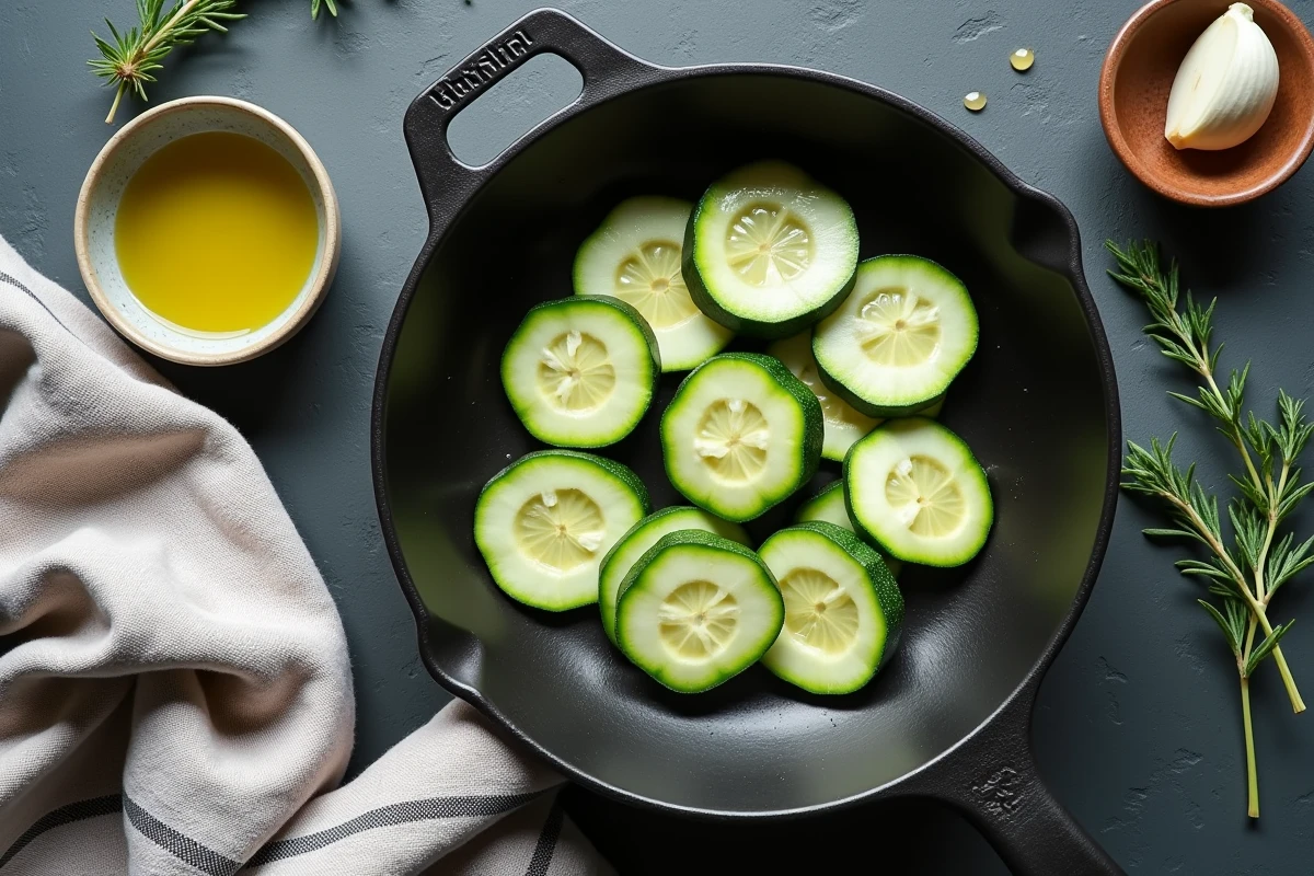 Vue de dessus d'une poêle en fonte avec des rondelles de courgette, ail et thym frais sur ardoise