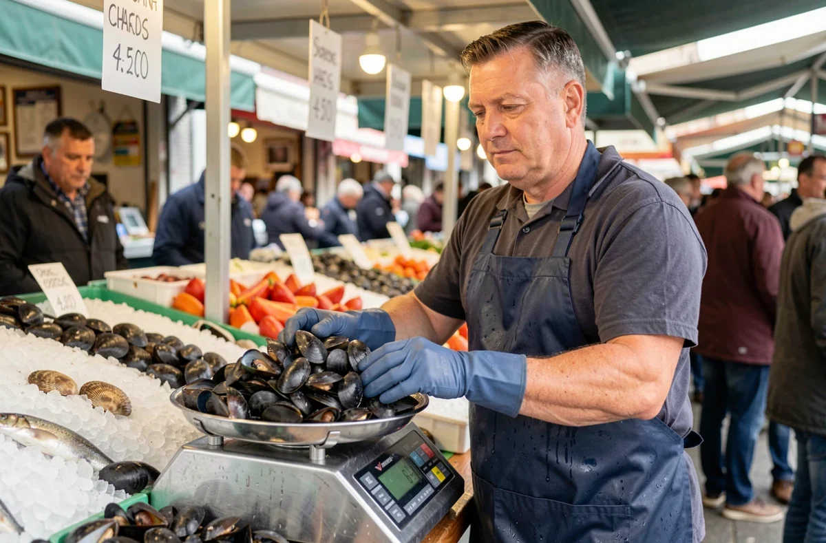 Poissonnier pesant des moules fraîches sur une balance au marché, montrant les quantités recommandées à l'achat