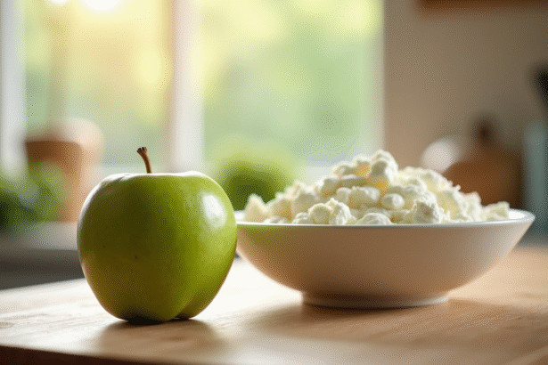 Pomme verte fraîche et fromage blanc sur une table ensoleillée