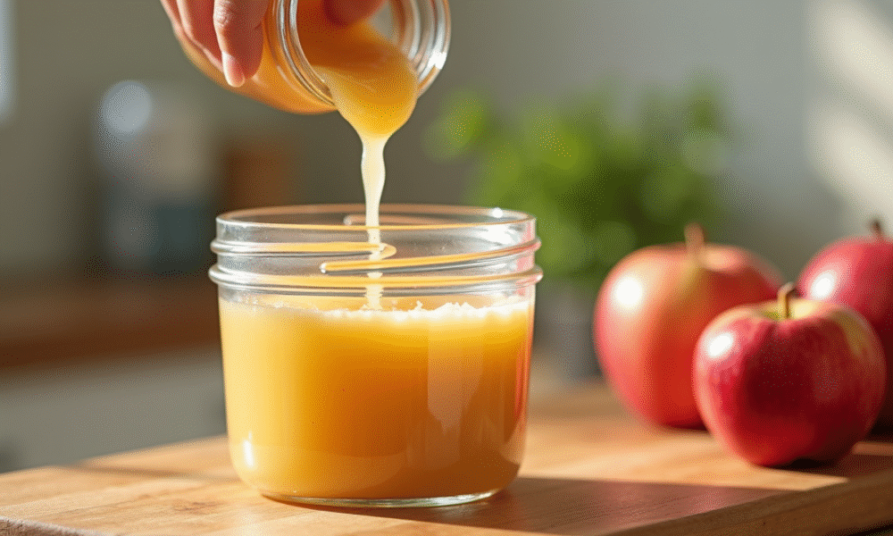Pommeauce fraîche versée dans un verre sur un plan de travail lumineux