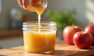 Pommeauce fraîche versée dans un verre sur un plan de travail lumineux