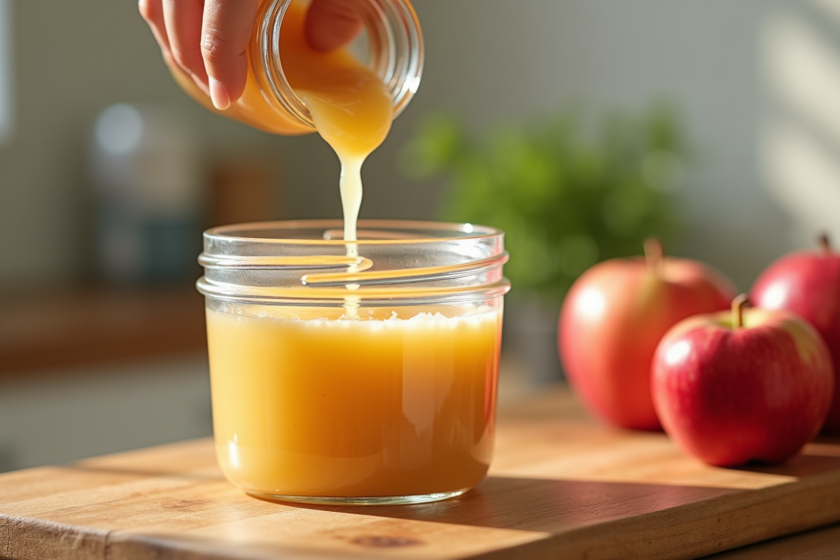 Pommeauce fraîche versée dans un verre sur un plan de travail lumineux
