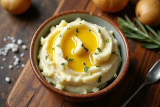 Bol rustique de pommes de terre écrasées à l'huile d'olive avec fleur de sel et romarin frais sur table en chêne