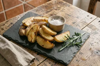 Pommes de terre rôties au four à l'huile d'olive, croustillantes et dorées, servies sur une ardoise rustique avec du romarin frais et du sel de mer dans une cuisine française