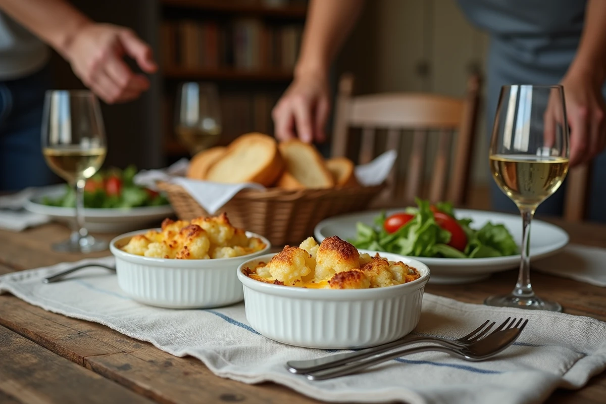 Deux portions de gratin de chou fleur et pommes de terre servies en ramequins individuels sur une table de dîner provençale avec salade verte et vin blanc