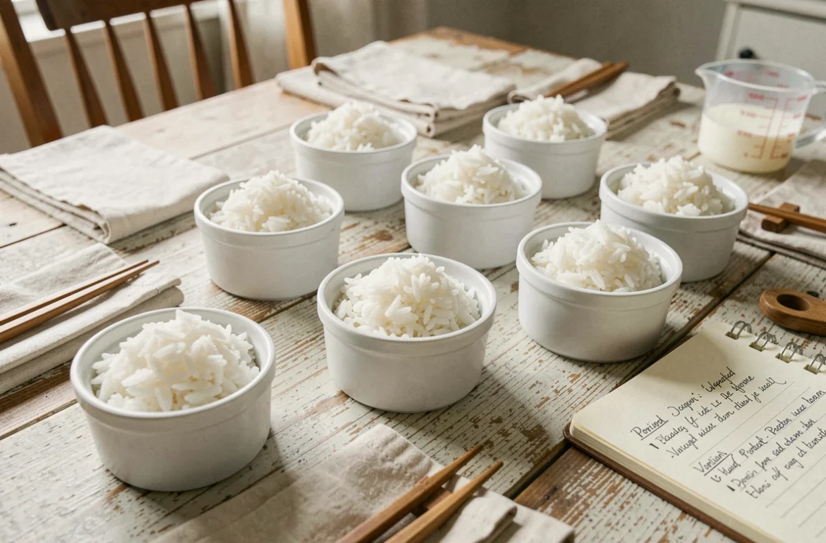 Table dressée avec des portions individuelles de riz en ramekins pour six convives
