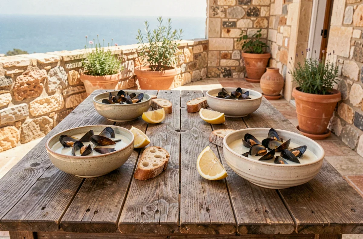 Table dressée en plein air avec des bols de moules marinières pour quatre personnes sur une terrasse méditerranéenne
