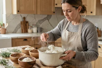 Femme servant des portions de riz dans des bols en bois sur un comptoir de cuisine rustique