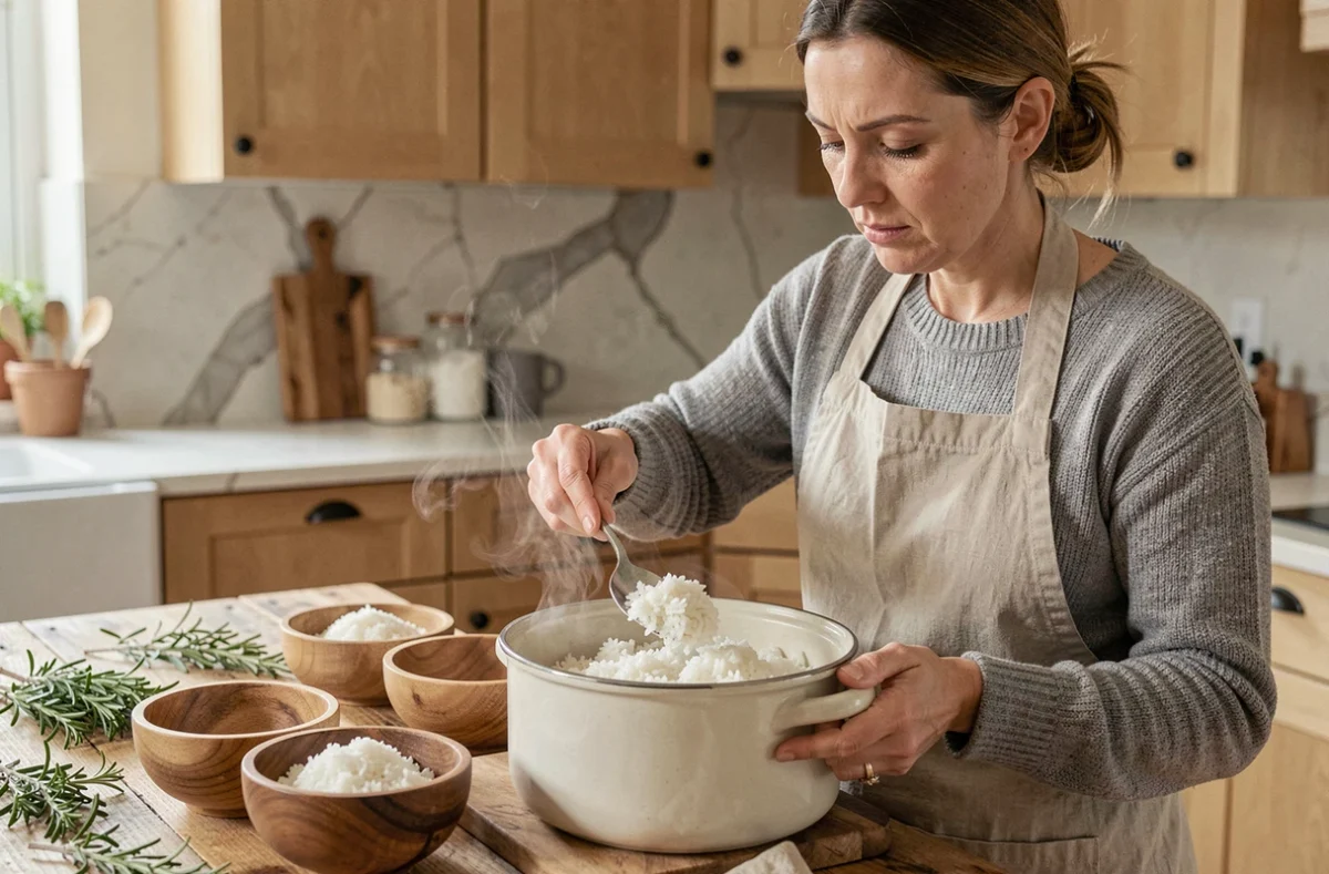 Femme servant des portions de riz dans des bols en bois sur un comptoir de cuisine rustique