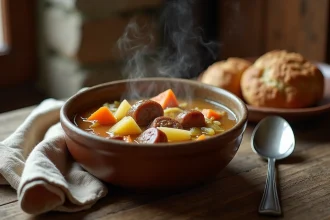 Bol de potée réconfortante avec saucisse fumée, chou, carottes et pommes de terre dans un bouillon chaud, servi sur une table en chêne rustique