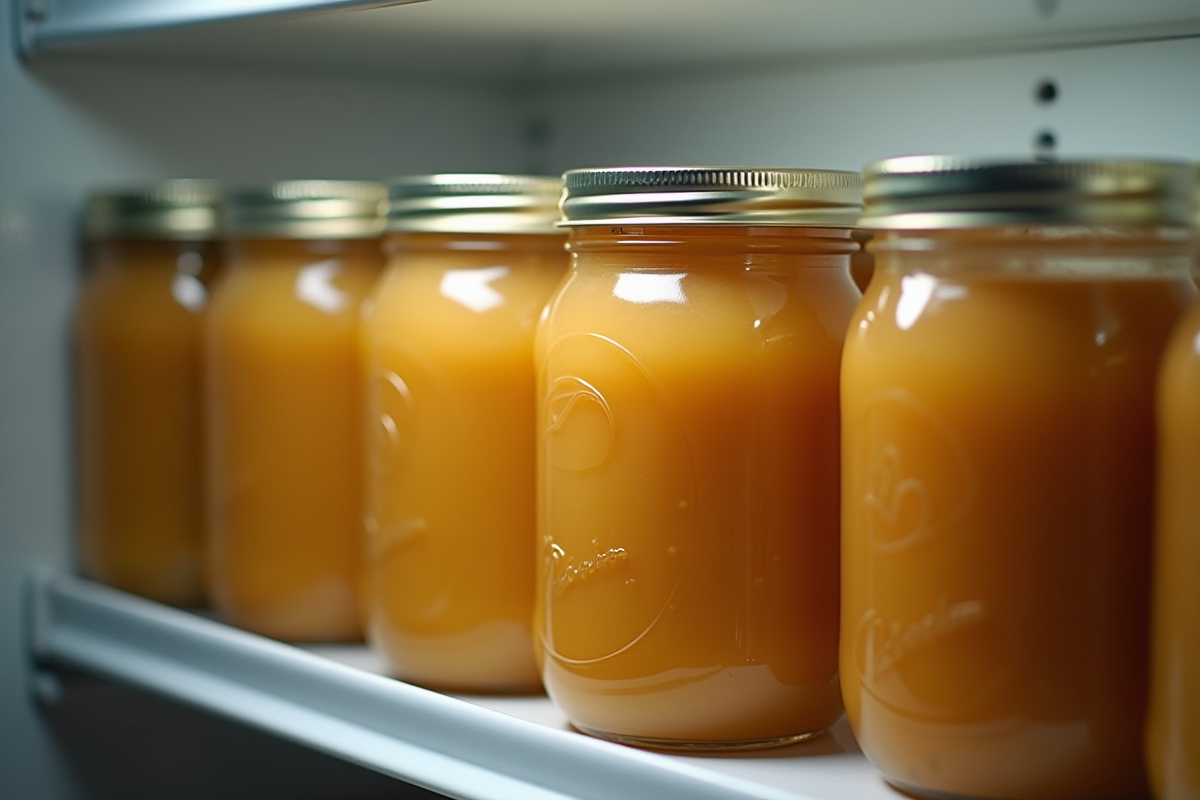 Pots de pommeauce maison rangés dans une étagère de réfrigérateur