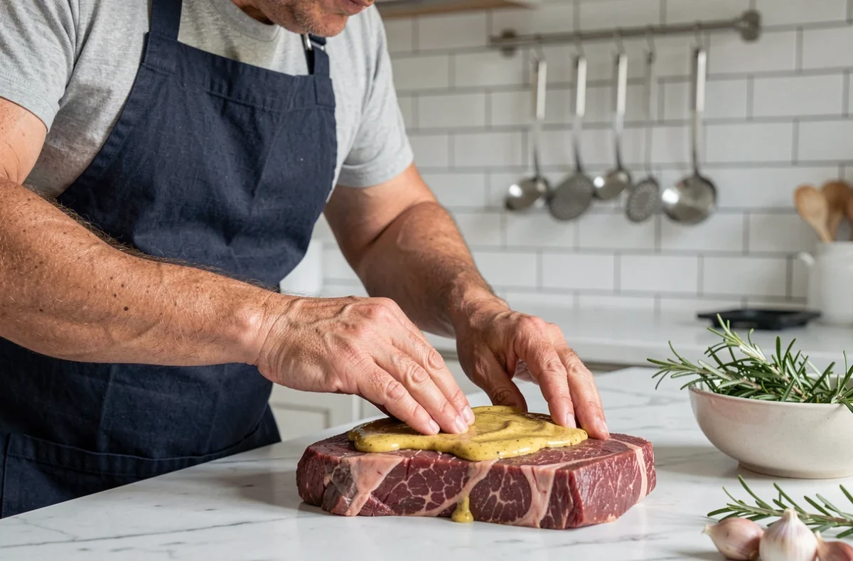 Cuisinier appliquant de la moutarde de Dijon sur un filet mignon cru dans une cuisine moderne et rustique