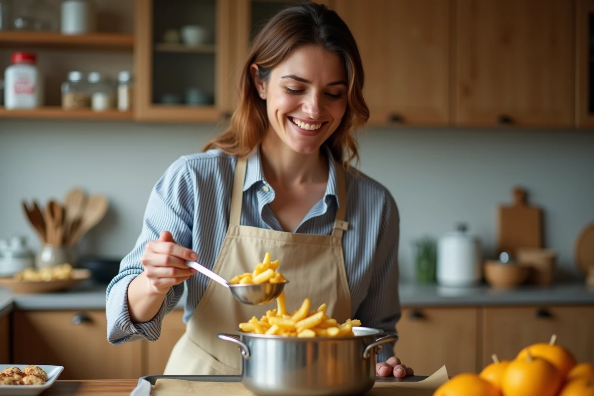 Femme préparant une grande quantité de frites maison dans une cuisine familiale pour un anniversaire d'enfant