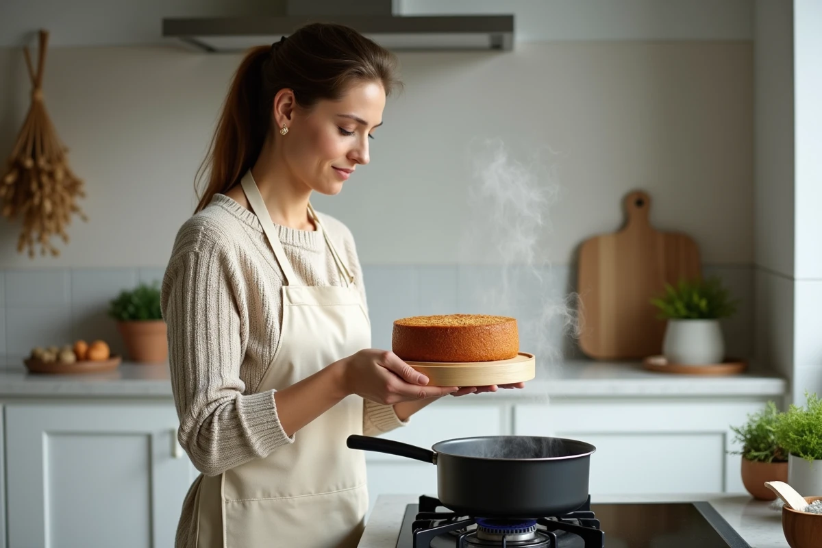 Femme en tablier déposant un gâteau aux marrons dans un cuiseur vapeur en bambou sur une cuisinière moderne, avec de la vapeur qui s'échappe autour du moule