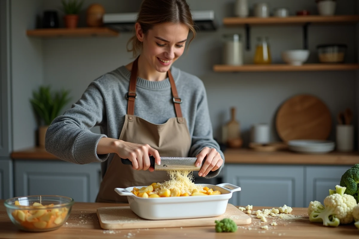 Jeune femme préparant un gratin de chou-fleur et pomme de terre en râpant du fromage dans une cuisine familiale un soir de semaine