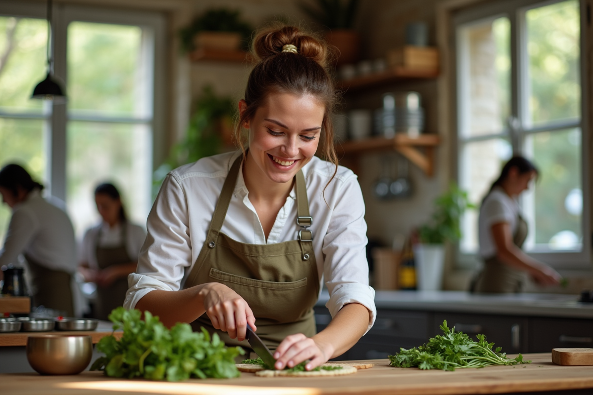 Jeune femme coupant des herbes lors d