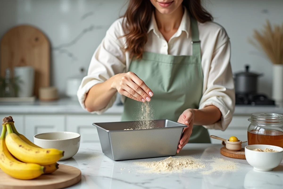 Femme versant la pâte de pain aux bananes à la farine complète dans un moule à cake en cuisine