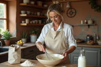 Femme préparant une pâte à crêpes avec farine et lait dans un bol en céramique sur un comptoir rustique en bois