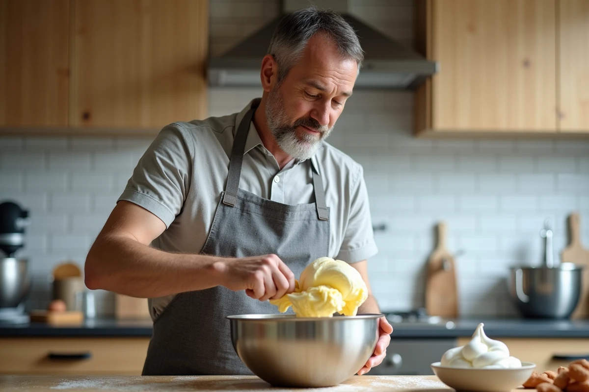 Boulanger amateur incorporant délicatement des blancs en neige dans la pâte à biscuits cuillère dans une cuisine moderne