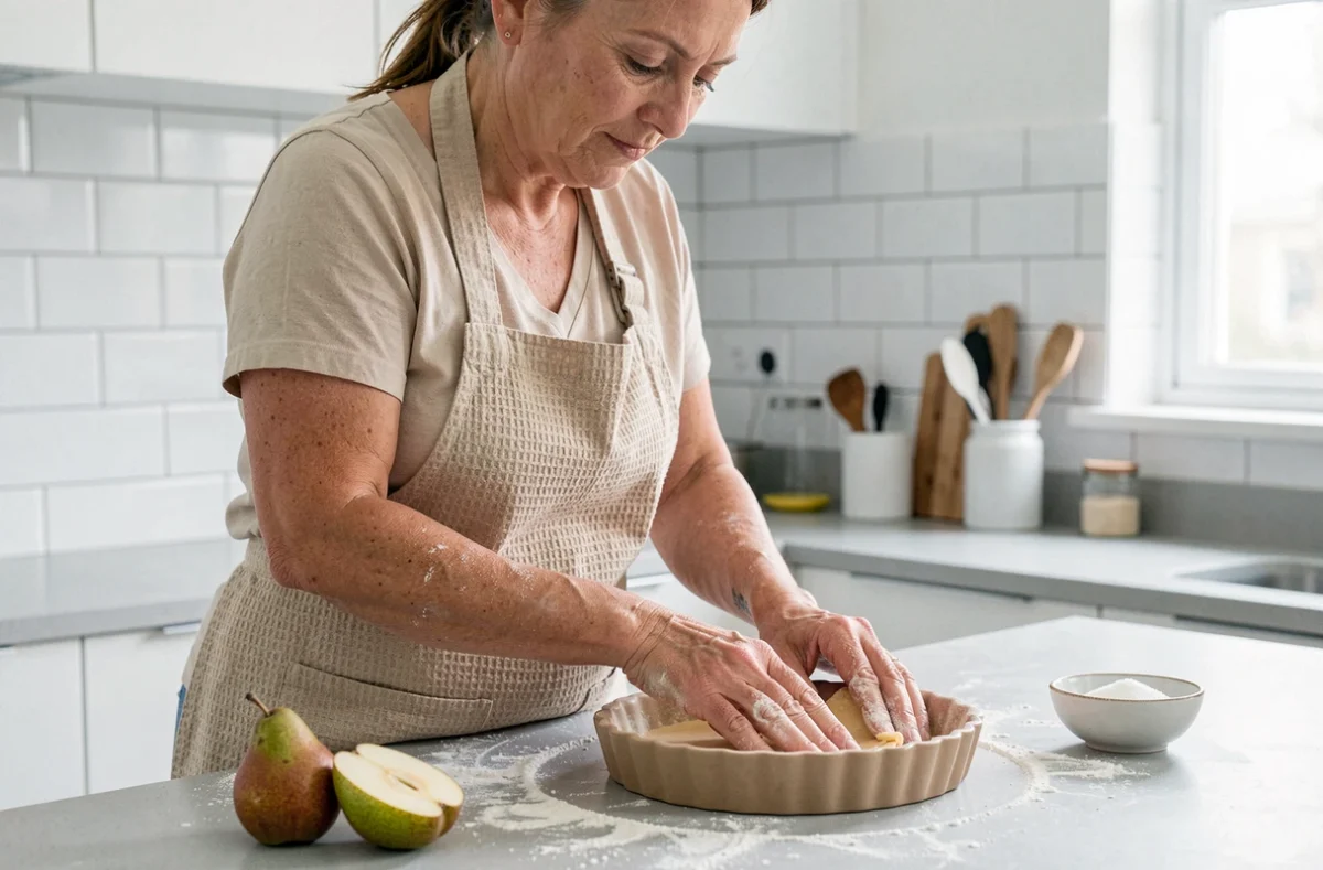 Femme d'âge moyen en tablier pressant une pâte sablée dans un moule à tarte en céramique, entourée de poires et d'ingrédients simples sur un plan de travail fariné