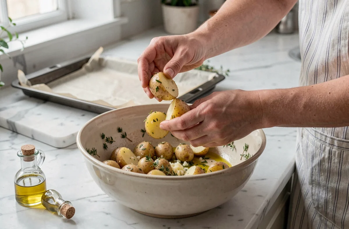Mains préparant des pommes de terre à l'huile d'olive et aux herbes dans un bol en céramique avant la cuisson au four, ambiance cuisine maison française