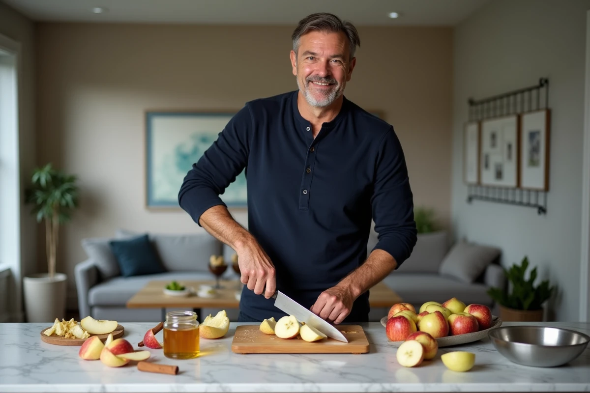 Homme découpant des pommes fraîches sur un plan de travail en marbre pour préparer un dessert léger sans beurre